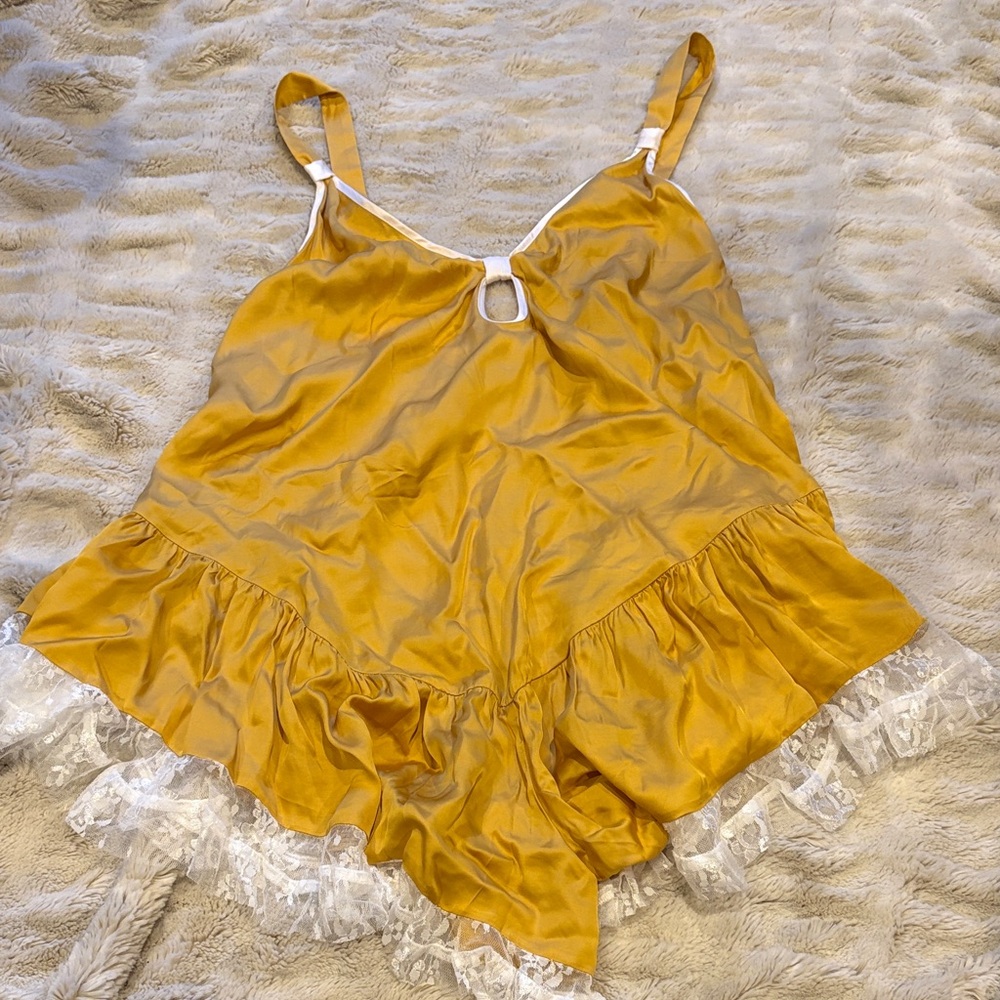 Anthropologie Golden Mustard Satin Chemise with White Lace Trim